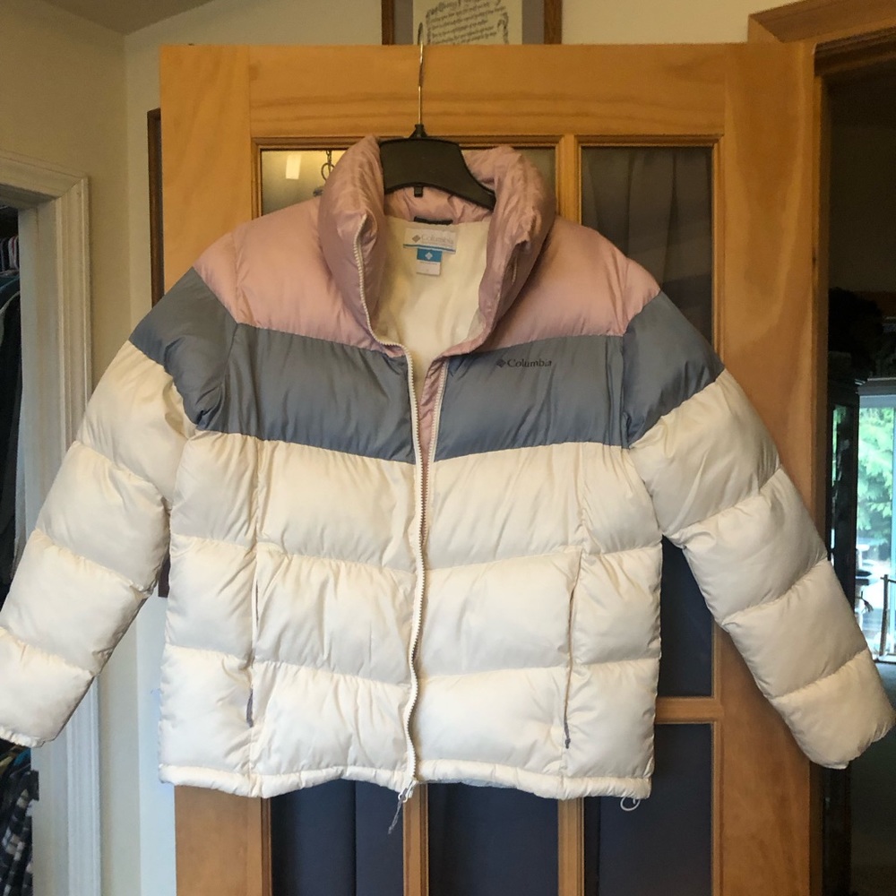 Columbia puffer coat, pink, gray and cream color. Size large.